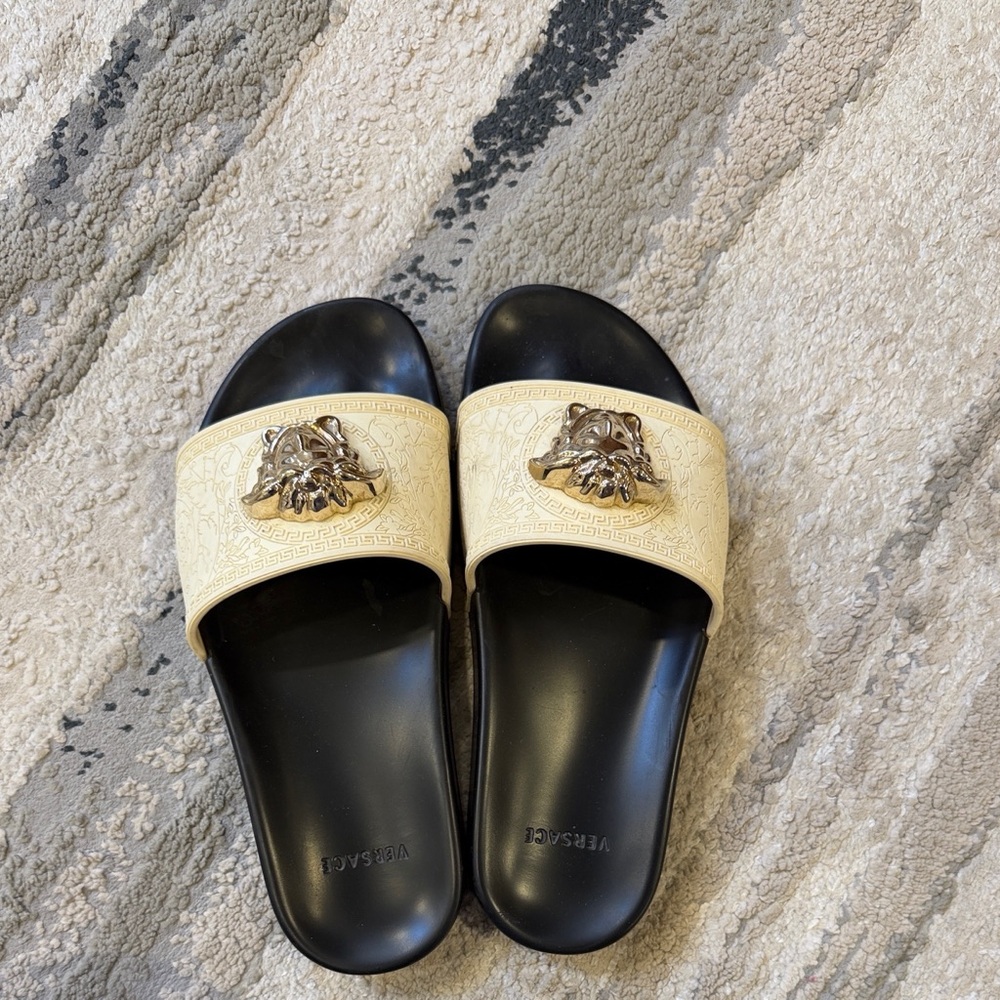 Versace Cream and Black Sandals with Medusa Emblem